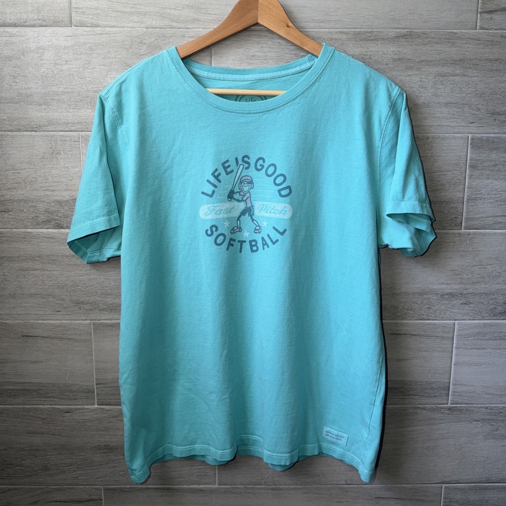 LIfe is Good Relaxed Fit Tee Size L Short Sleeve Crew Neck Softball Graphic